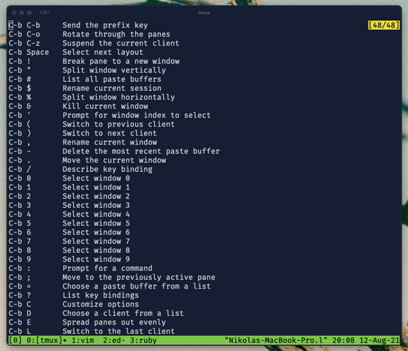 tmux help screen