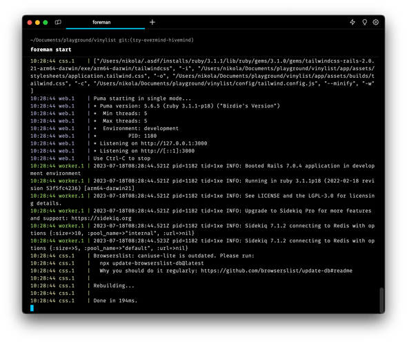 Foreman start command starts processes from Procfile